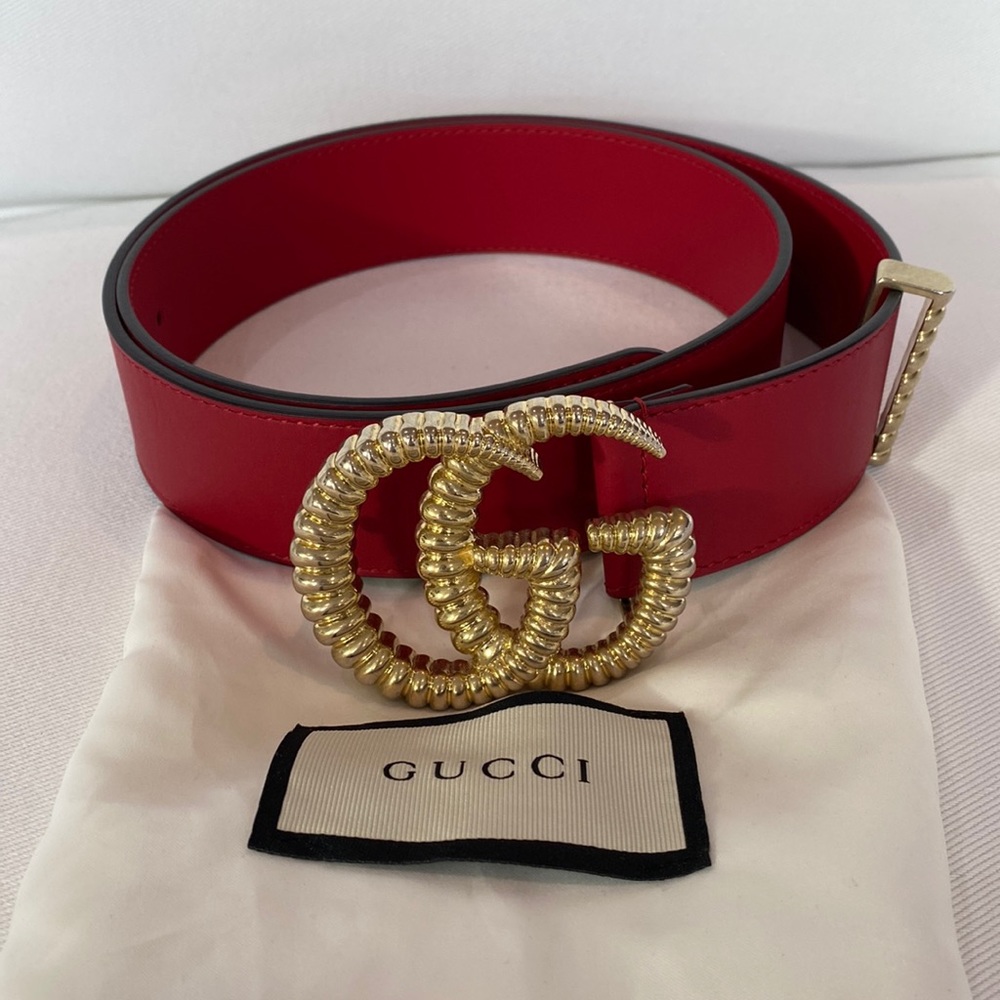 Gucci Red Leather Belt with Gold Double G Buckle